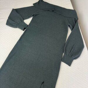 Hem & Thread Large Ribbed Knit Off Shoulder Sweater Dress Balloon Sleeve Slit Mi